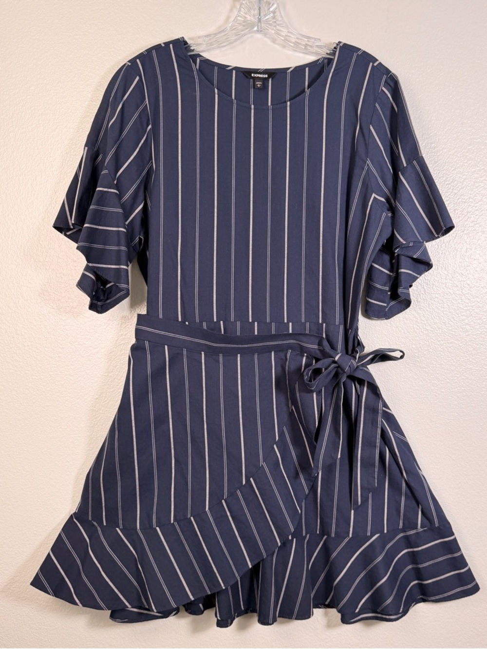 Express Mini Ruffle Dress Wrap With Side Bow Women's Navy Stripes Cotton Large
